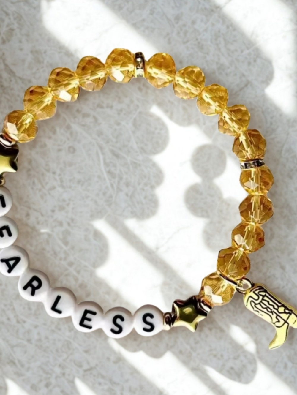 Taylor Swift Fearless Bracelet 💛 Gold Beaded Swiftie Jewelry Cowboy Boot Charm